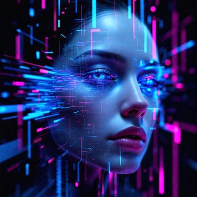 The primary subject of the image is a woman with blue eyes, who is the main focus of the scene. She is wearing a black shirt and has a pink lipstick on her lips. The setting is a futuristic environment, with a backdrop of a blue and pink neon-like background. The visual style of the image is a combination of digital art and illustration, creating a unique and eye-catching appearance. The colors and mood of the image are predominantly pink and blue,